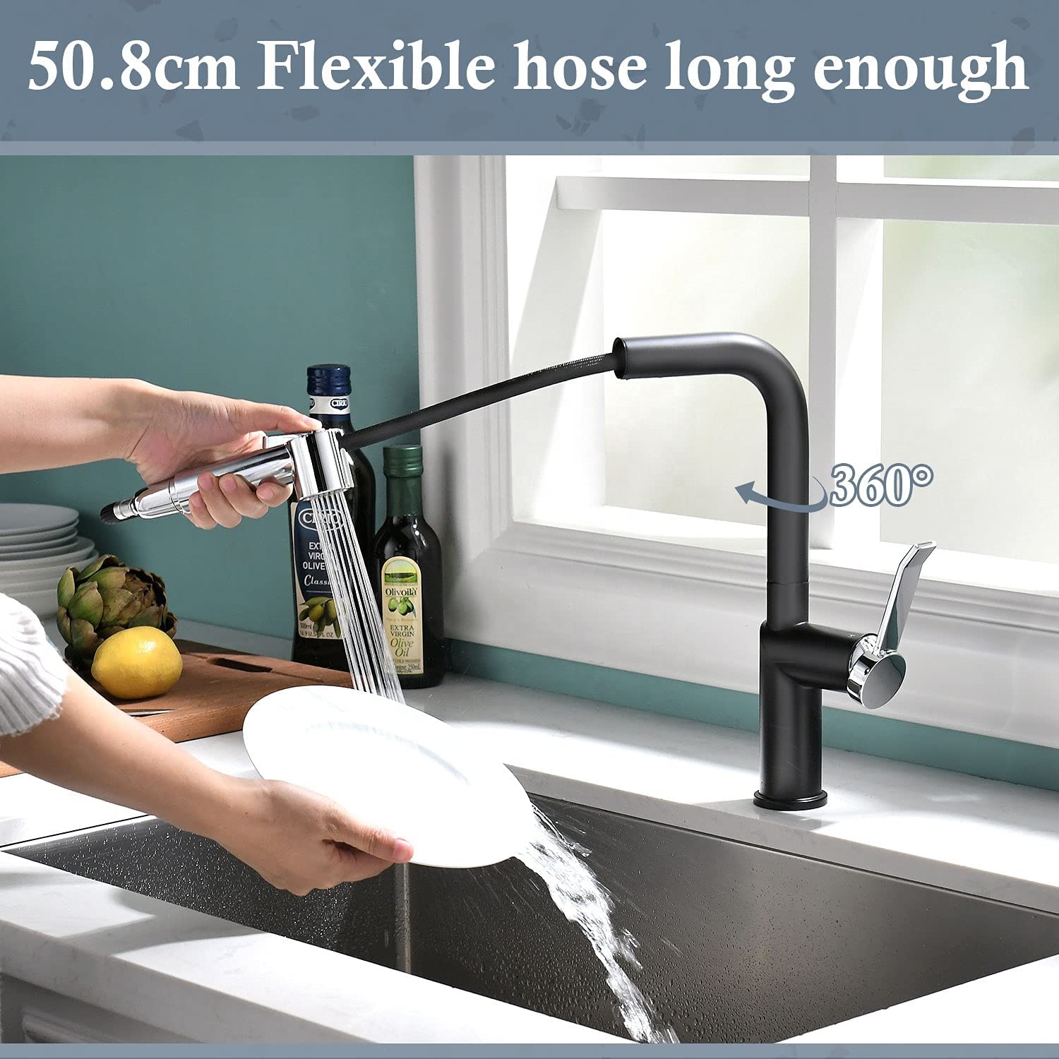 Deckmontierter 360 drehbarer Wasserhahn Schwarzer Wasserhahn Küchenspüle Küchenarmatur aus poliertem Messing