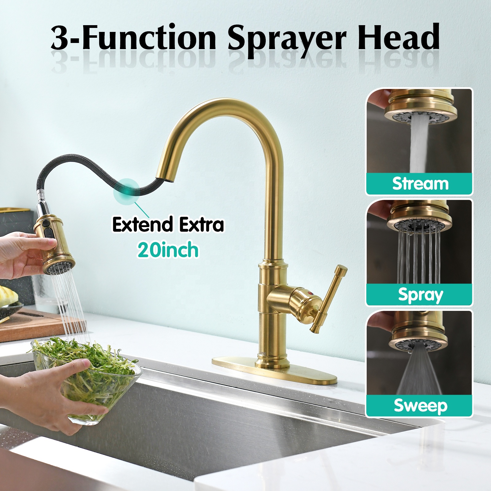 Küchenarmatur Gold Sink Luxus-Küchenarmatur Pull Down Sprayer Wasserhahn in gebürstetem Gold