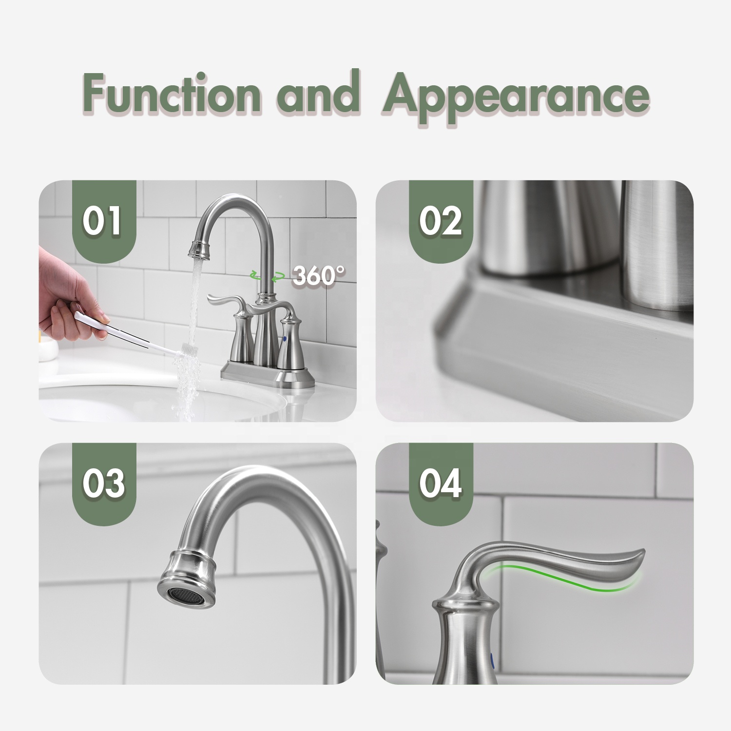 Drehbarer Badezimmer-Wasserhahn, gebürstetes Nickel, Badezimmer-Wasserhahn, drei Löcher, Waschbecken-Wasserhahn