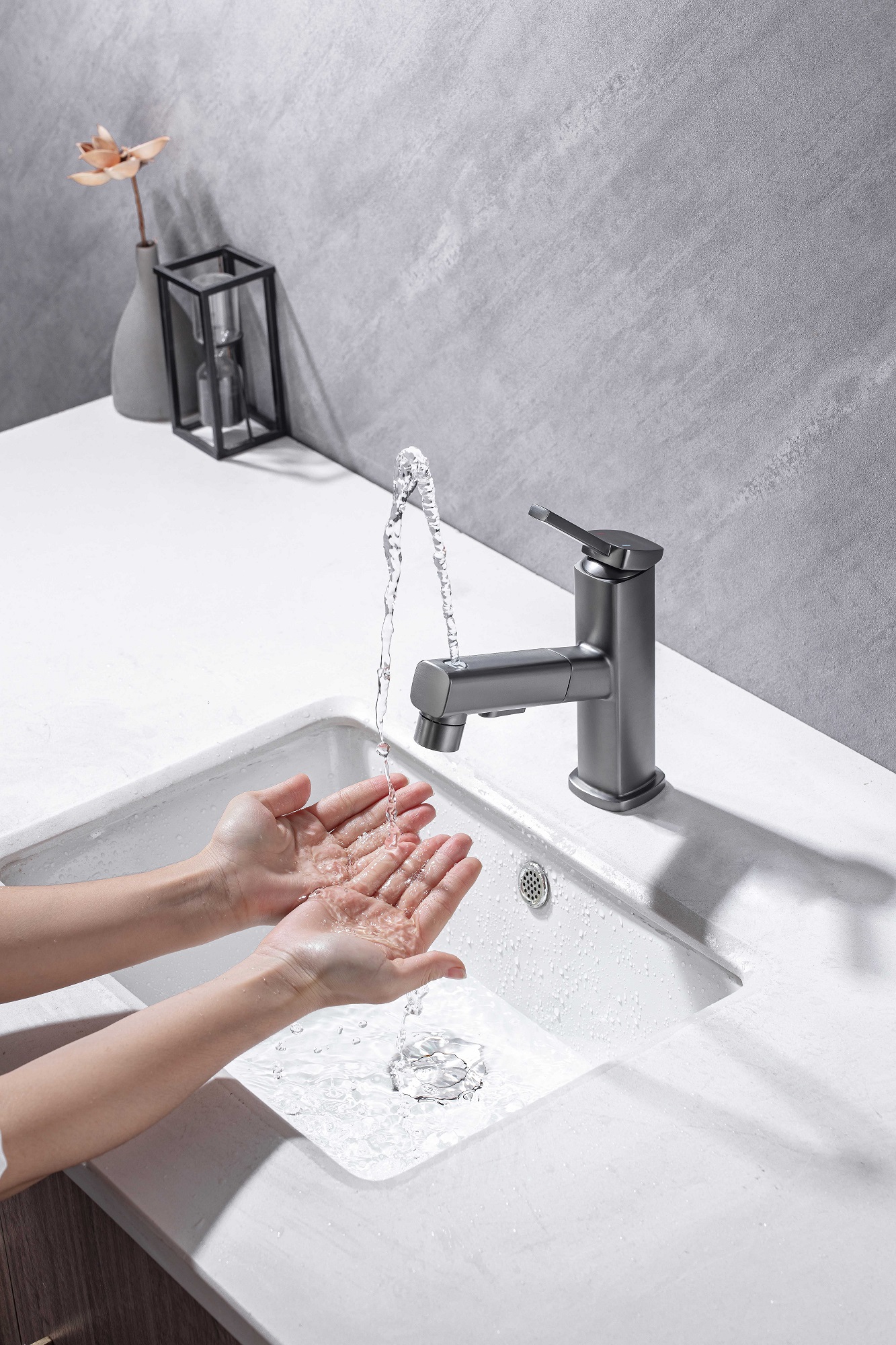 Badarmatur mit herausziehbarem Sprühbrunnen für Zahnbürsten-Einhand-Badarmatur