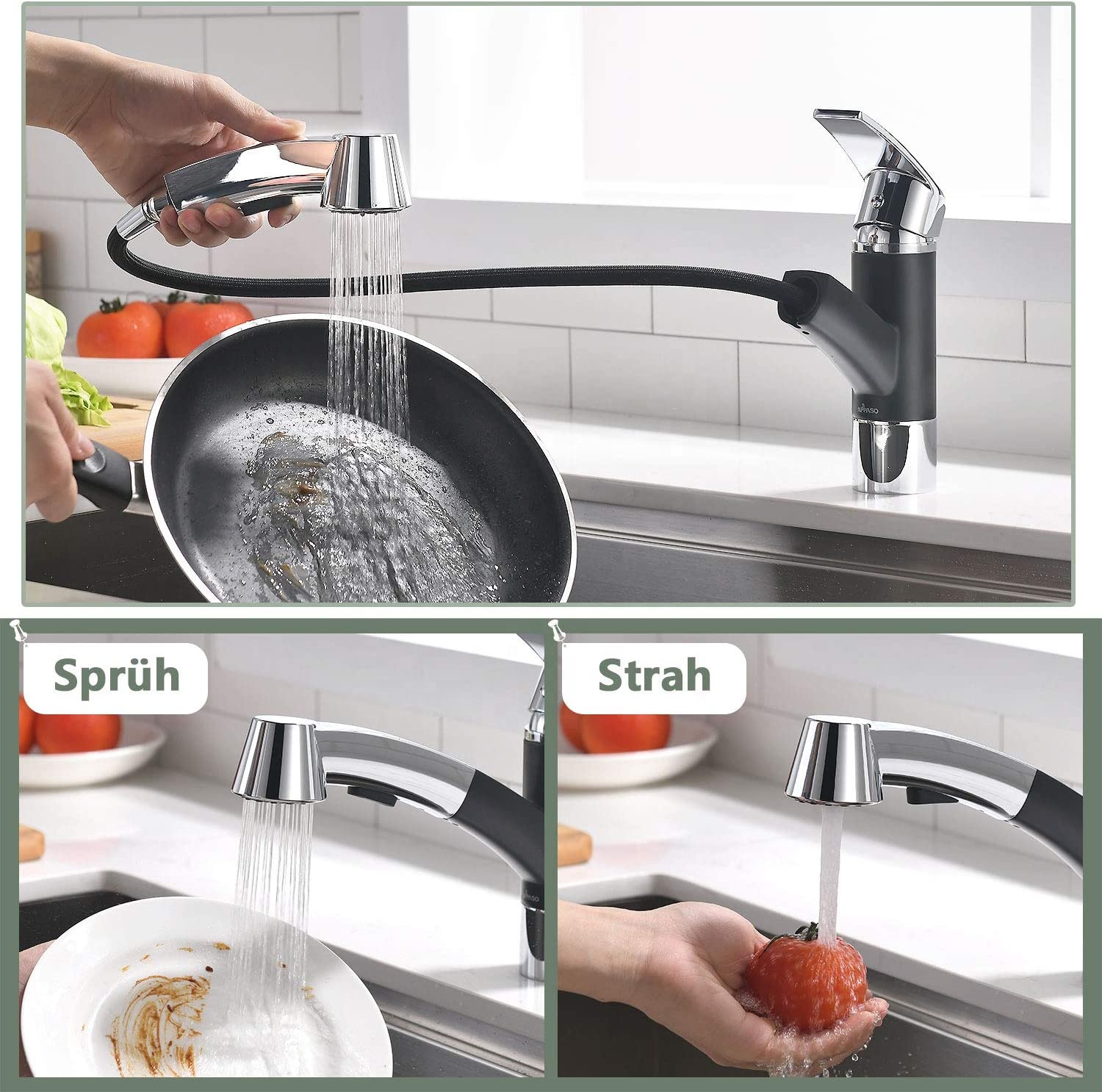 Chrom Quadratische Basis Flache Küchenarmatur Ausziehbare Küchenspüle Wasserhahn Küchenwasserhähne