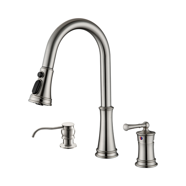 Einhand-Küchenarmatur 3-Loch-Küchenarmatur aus gebürstetem Nickel mit Seifenspender